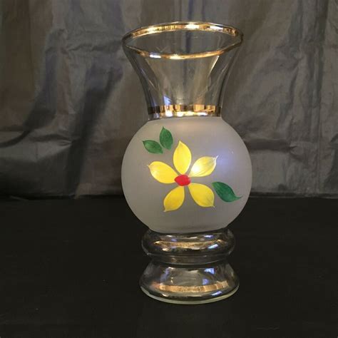 Vintage Boho Mcm Mod Frosted Satin Glass Hand Painted Flower Gold Gilded Vase In 2020 Painted