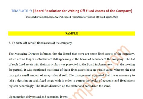 Draft Board Resolution For Writing Off Fixed Assets Of Company