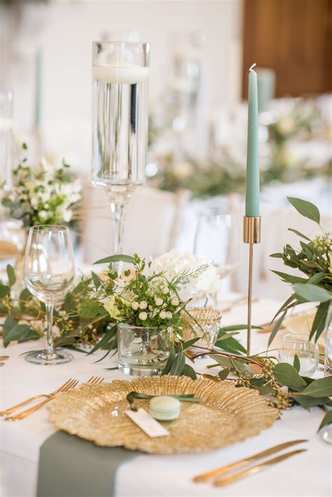 Elegant Wedding Breakfast With Gold And Sage Green Wedding Table