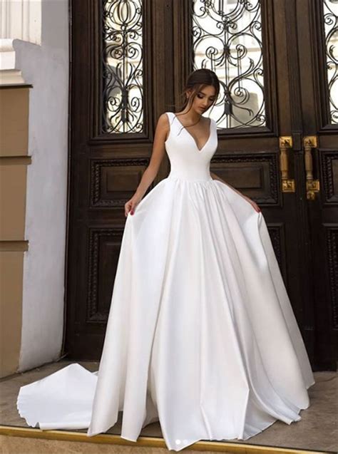 Elegant A Line V Neck Open Back White Satin Wedding Dresses With Trainsimple Wedding Gown