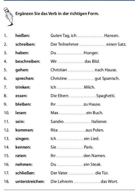 ERGÄNZEN SIE DAS VERB IN DER RICHTIGEN FORM German language learning