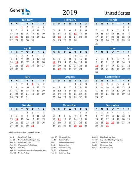 2019 United States Calendar With Holidays