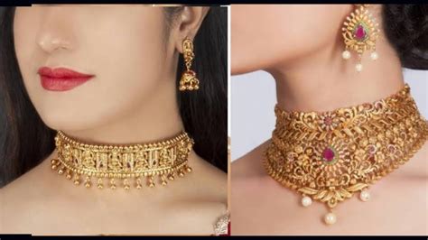 Latest Antique Gold Choker Necklace And Earring Design Light Weight