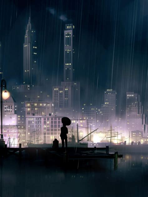 Free Download Wallpaper Night Pier Anime Rain Umbrella Skyscraper