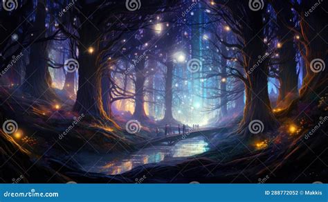 Magical Fairy Tale Scenery Night In A Forest With Glowing Lights Stock