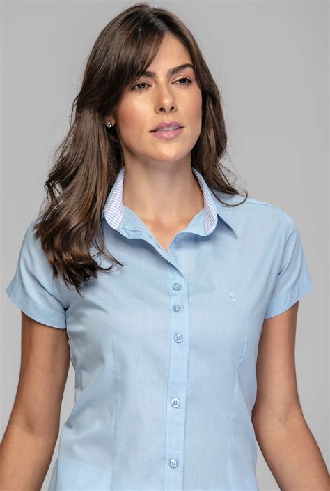 Camisa Feminina Social Manga Curta Azul Elegance Camisas
