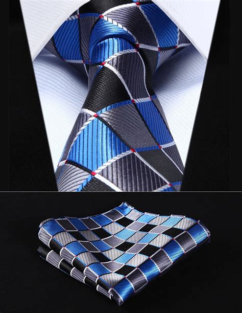 Tc B S Blue Gray Check Silk Woven Men Tie Necktie Handkerchief