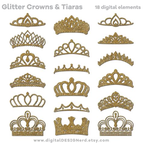 Clip Art Crowns And Tiaras Gold Glitter 18 Digital Scrapbook Elements
