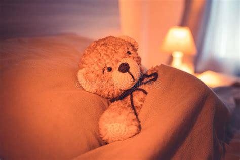 Cute Wool Teddy Bear Is Lying In The Bed Stock Photo Image Of Child