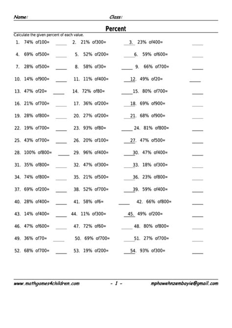 Numbers Based On Percentage Worksheet 1 Answer Key