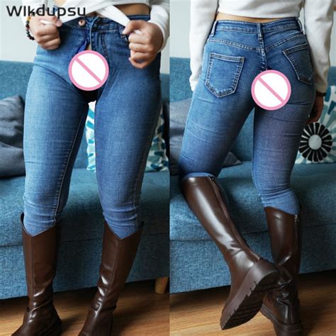 Outdoor Sex Jeans Pants Zippers Open Croch Jeans Women Crotchless