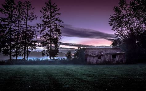구름 코 티 지 잔디 오두막 풍경 안개 자연 노르웨이 오래 된 일몰 나무 Hd 배경 화면