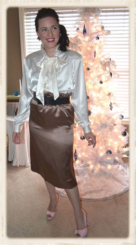 Brown Satin Pencil Skirt And White Satin Blouse Satin Blouses Satin Bow Blouse Beautiful Blouses