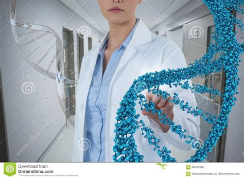 Doctor Woman Interacting With 3d Dna Strand Stock Photo Image Of