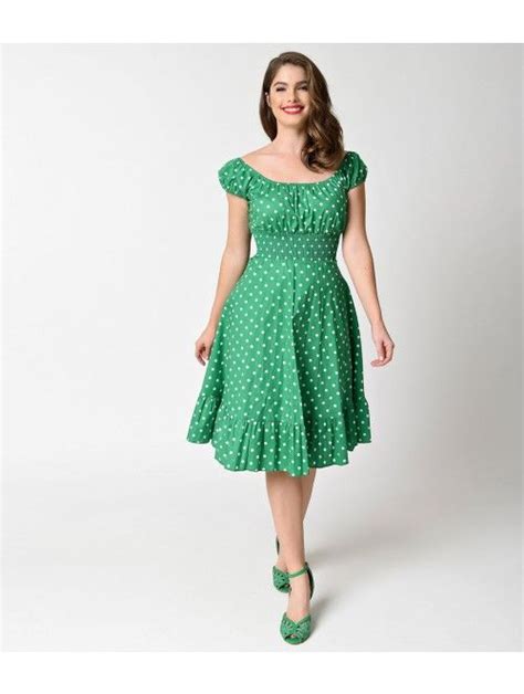 1940s style kelly green and white dot cap sleeve peasant swing dress swing dress 1940s fashion