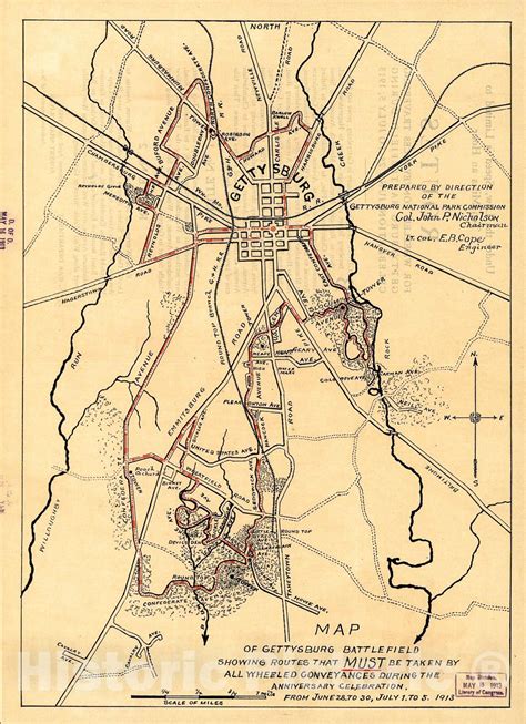 Historic 1913 Map Map Of Gettysburg Battlefield Showing Routes That