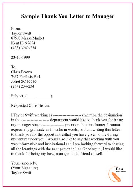 Thank You Letter Template To Boss Manager Sample Examples