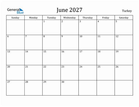 June 2027 Monthly Calendar With Turkey Holidays