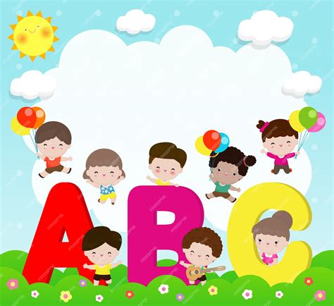 Cartoon Kinderen Met Abc Letters Schoolkinderen Met Abc Kinderen Met