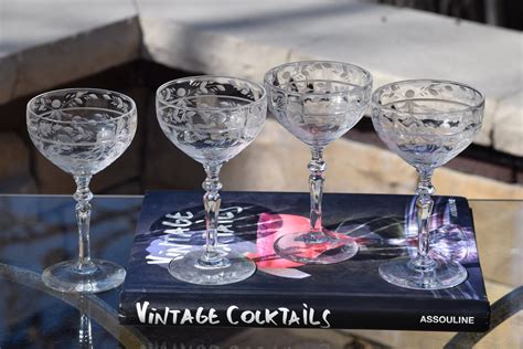 4 vintage etched crystal cocktail glasses 1950 s cocktail party glasses unique etched martini