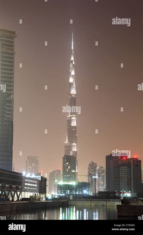 Burj Khalifa Illuminated At Night Dubai United Arab Emirates Stock