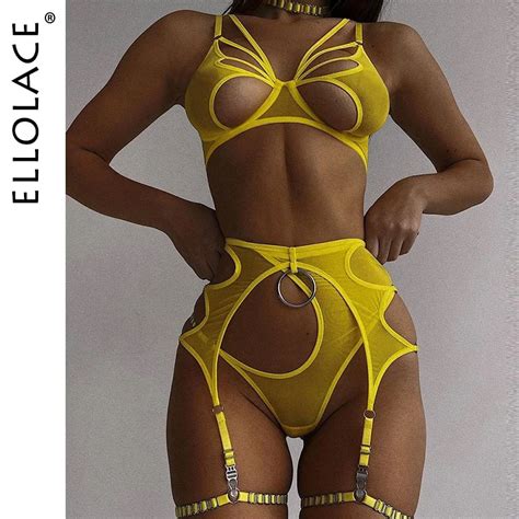 uaang ellolace sexy lingerie cut out bra erotic brief sets 4 pieces sensual fancy underwear