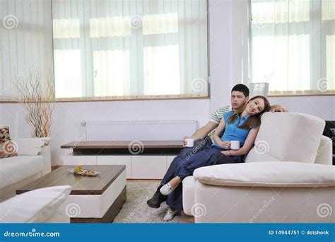 Couple Relax At Home On Sofa In Living Room Stock Image Image Of Livingroom Portrait 14944751