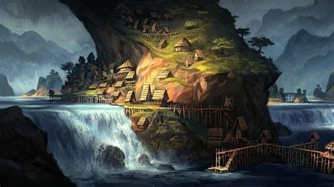 Water Villages Artwork Fantasy Art Village Waterfall River Hills