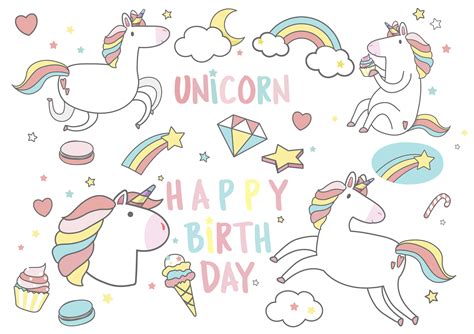 Happy Birthday Unicorn With Magic Elements Card Vector Download Free