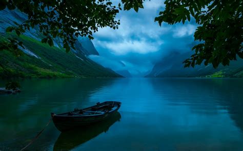 Nature Landscape Lake Trees Clouds Mountain Boat Water Grass