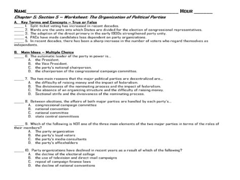 The Organization Of Political Parties Worksheet For 10th 12th Grade
