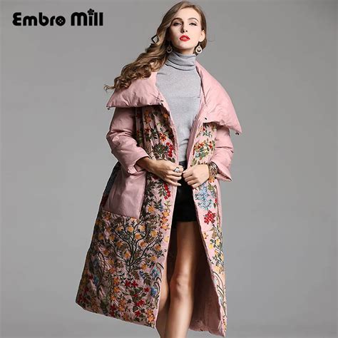 Royal Embroidery Flowers Down Jacket Coat Women Winter Flowers Vintage Lady Floral Loose White