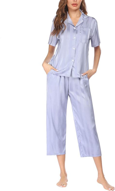 Ekouaer Women Pajamas Silk Satin Pajamas Set Short Sleeve Top And Capri Pants Button Down