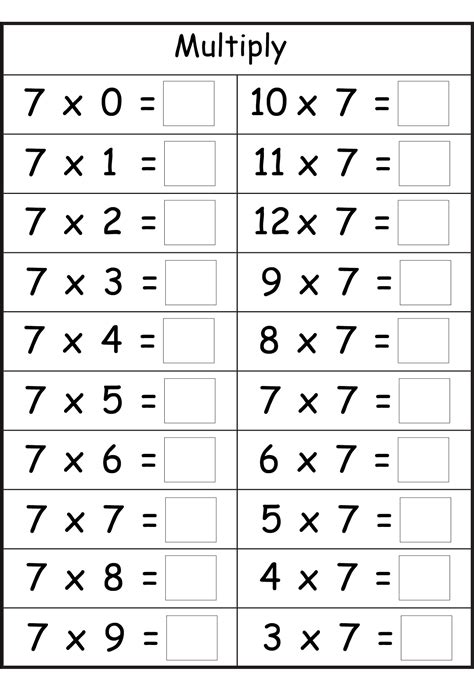 Multiplication 7 Worksheet Printable Grade Math Worksheets Year 7