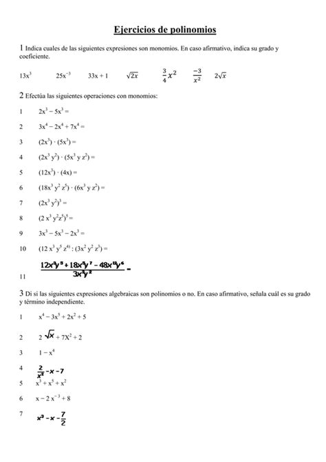 Ejercicios De Expresiones Algebraicas Polinomios Pdf