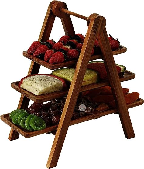 Hamdan Collection Wood 3 Tier Serving Tray Wooden Three Tiered Tray