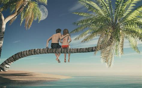 Couple Sitting On A Palm Tree Stock Image Image Of Island Happiness