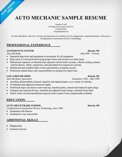 An auto mechanic (automotive technician in most of north america, light vehicle technician in british english, and motor mechanic in australian english) is a mechanic with a variety of automobile makes or either in a specific area or in a specific make of automobile. 13 Auto Mechanic Resume Sample | ZM Sample Resumes | Job resume samples, Resume, Sample resume