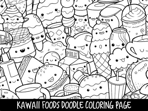 Foods Doodle Coloring Page Printable Cute Kawaii Coloring Etsy