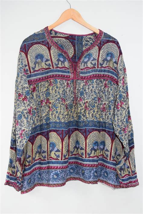 Vintage Indian Cotton Gauze Blouse Hippy Boho Folk Kaftan Tunic Blouse