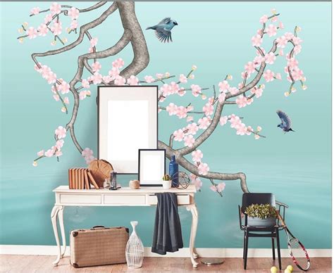 Chinoiserie Hanging Plum Tree Wallpaper Flying Birds Home Etsy