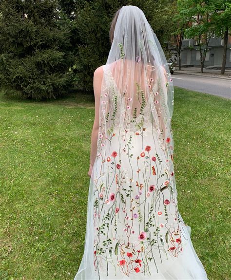 floral wedding veil bridal veil with flowers floral embroidered veil secret garden veil