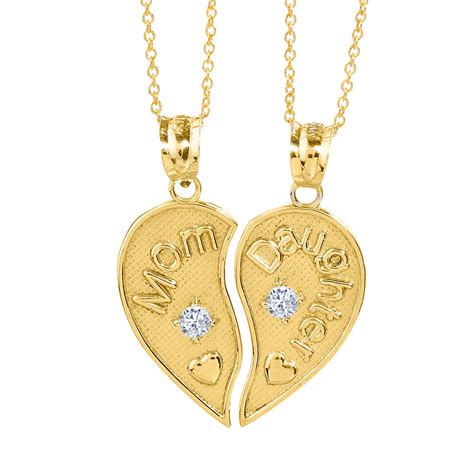 2pc yellow gold mom and daughter heart necklace set