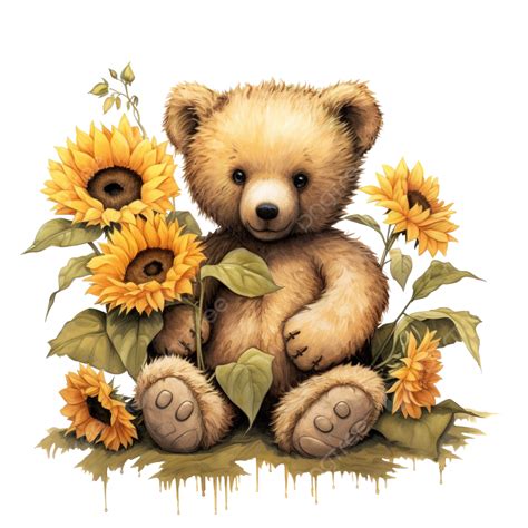 Drawing Of Vintage Toy Teddy Bear With Sunflowers Teddy Bear Bear Toy