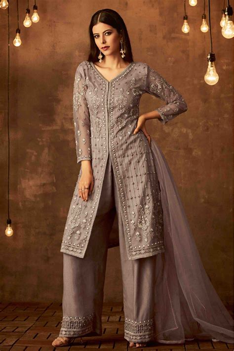Net Embroidery Palazzo Pant Suit In Grey Colour Palazzo Pants Pantsuit Fashion
