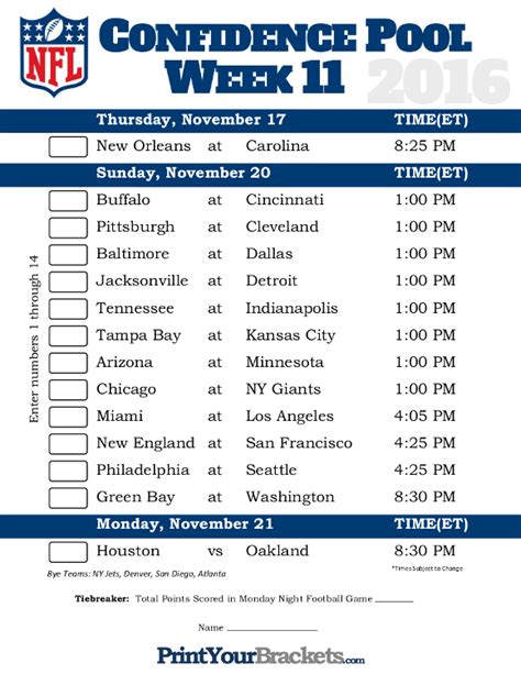 Printable Nfl Schedule Week 11 Customize And Print