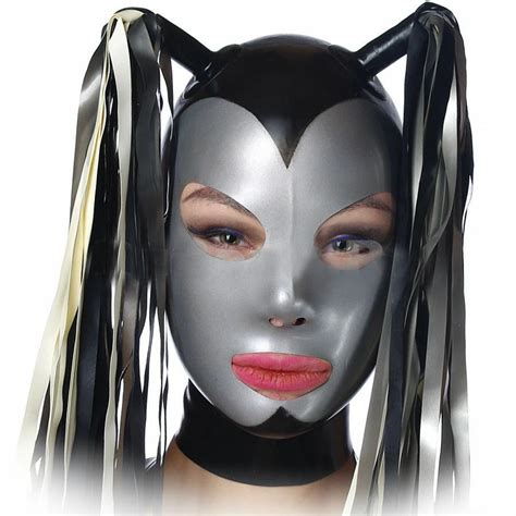 Sexy Latex Hood Rubber Mask With Tails For Catsuit Unisex Party Wear