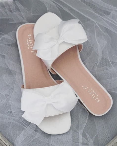 White Satin Slide Flat Sandals With Satin Bow Bridal Etsy In 2020