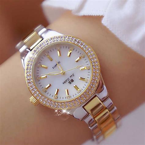Crystal Diamond Stainless Steel Silver Ladies Wrist Watch Gold