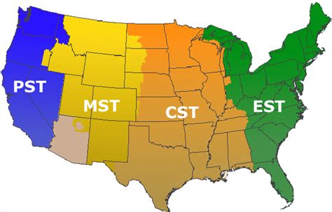 From east to west they are atlantic standard time (ast), eastern standard time (est), central standard time (cst), mountain standard time (mst), pacific standard time (pst). Timezones